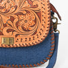 ADBGA1250 American Darling Blue Denim & Hand-Tooled Floral Leather Buckstitched Crossbody Bag