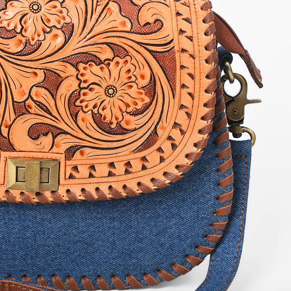 ADBGA1250 American Darling Blue Denim & Hand-Tooled Floral Leather Buckstitched Crossbody Bag