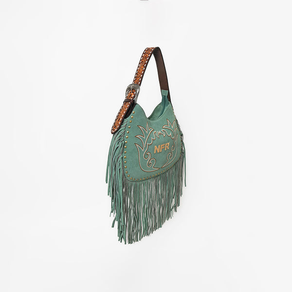 Official PRCA & NFR Licensed Collection® Premium Green Suede Western Fringe Crescent Hobo Shoulder Bag