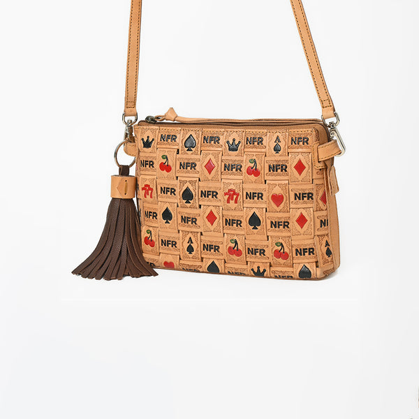 Official PRCA & NFR Licensed Collection® Tooled Leather Side Fringe Tassel & Card Motif Crossbody Handbag