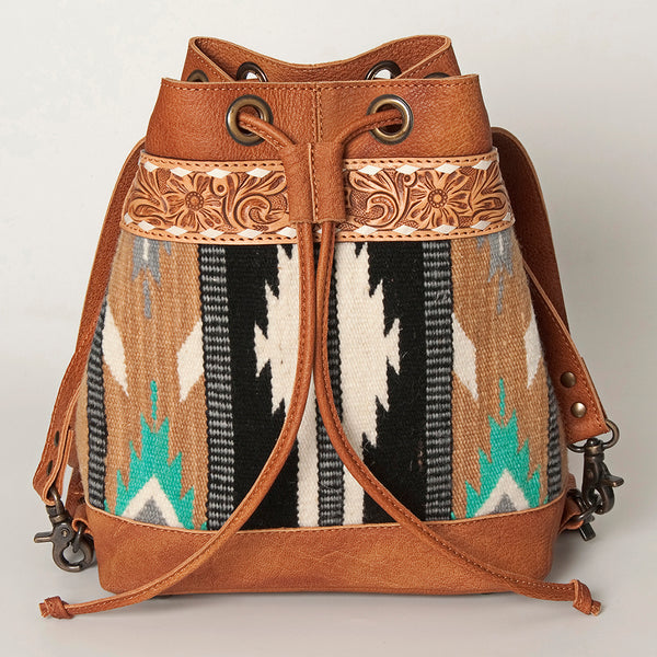 ADBG862 American Darling Hand Tooled Floral & Hand-Woven Saddle Blanket Leather Bucket Bag