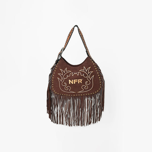 Official PRCA & NFR Licensed Collection® Brown Suede Gold Embroidered Long Fringe Hobo Shoulder Bag