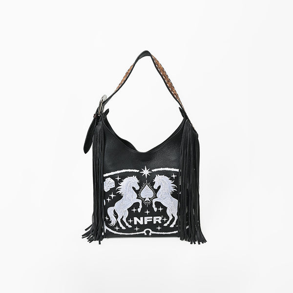 Official PRCA & NFR Licensed Collection® Tooled Leather Strap White Embroidered Graphic Fringe Shoulder Bag