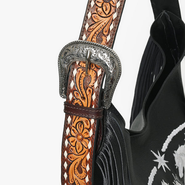 Official PRCA & NFR Licensed Collection® Tooled Leather Strap White Embroidered Graphic Fringe Shoulder Bag