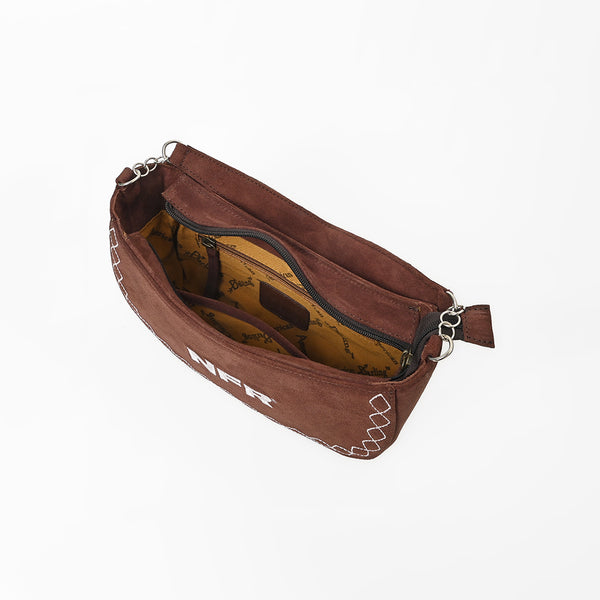 Official PRCA & NFR Licensed Collection® Brown Western Suede Leather Contrast Diamond Stitched Hobo Bag