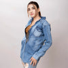 LC-ADSH026 Women's Light Wash Western Denim Shirt with Hand-Tooled Black Backed Floral Leather Yoke