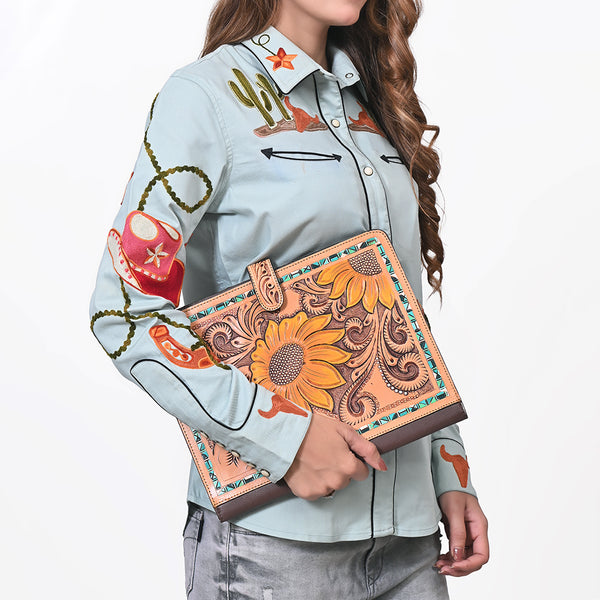 ADBG1040 American Darling Hand-Tooled Floral Genuine Leather Western Portfolio Bag