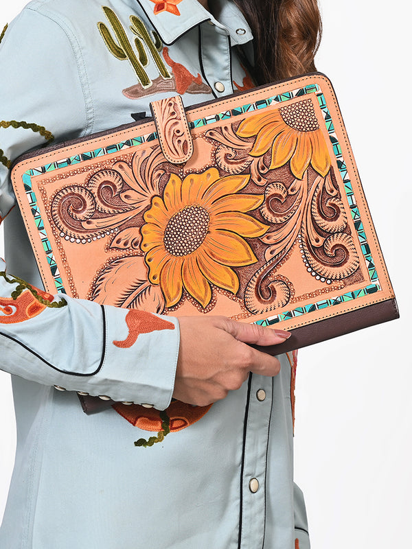 ADBG1040 American Darling Hand-Tooled Floral Genuine Leather Western Portfolio Bag