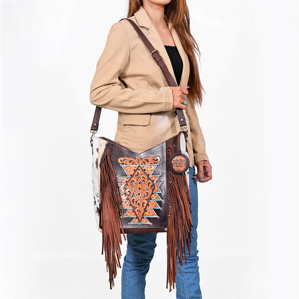 ADBG1219 American Darling Hand-Tooled Hair-On Cowhide Western Leather Fringe Crossbody Bag