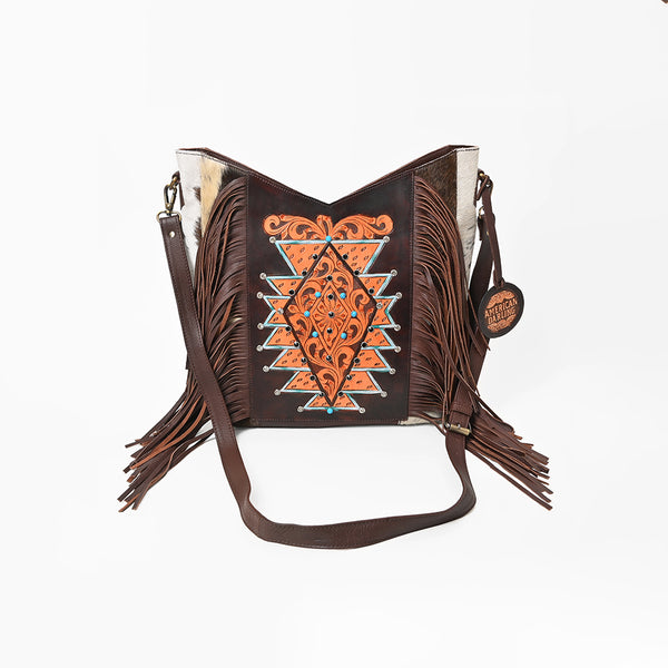 ADBG1219 American Darling Hand-Tooled Hair-On Cowhide Western Leather Fringe Crossbody Bag