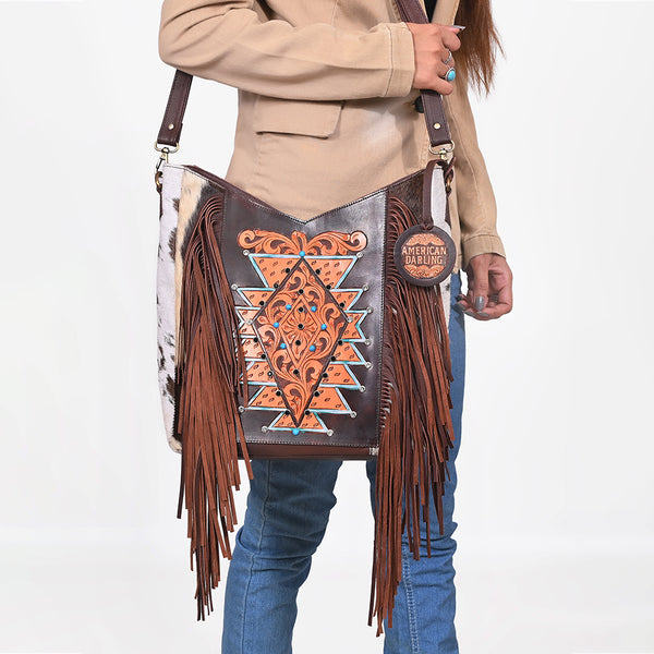 ADBG1219 American Darling Hand-Tooled Hair-On Cowhide Western Leather Fringe Crossbody Bag