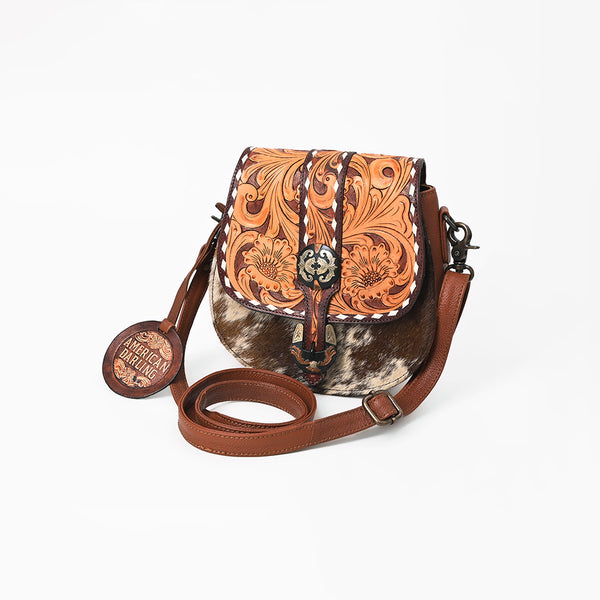 ADBG1222 American Darling Hand-Tooled Hair-On Cowhide Genuine Leather Western Crossbody Bag