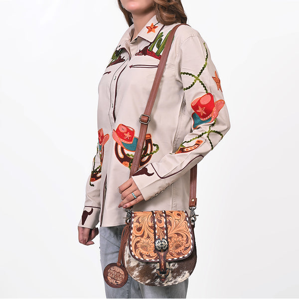 ADBG1222 American Darling Hand-Tooled Hair-On Cowhide Genuine Leather Western Crossbody Bag