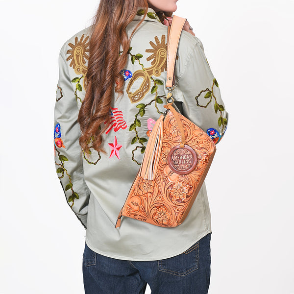 ADBG1234 American Darling Hand-Tooled Western Leather Wristlet Bag - Genuine Floral Carved Women Clutch
