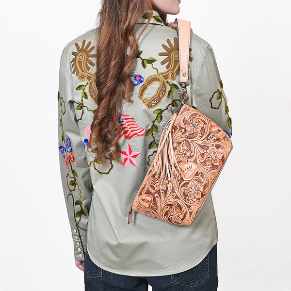 ADBG1234 American Darling Hand-Tooled Western Leather Wristlet Bag - Genuine Floral Carved Women Clutch