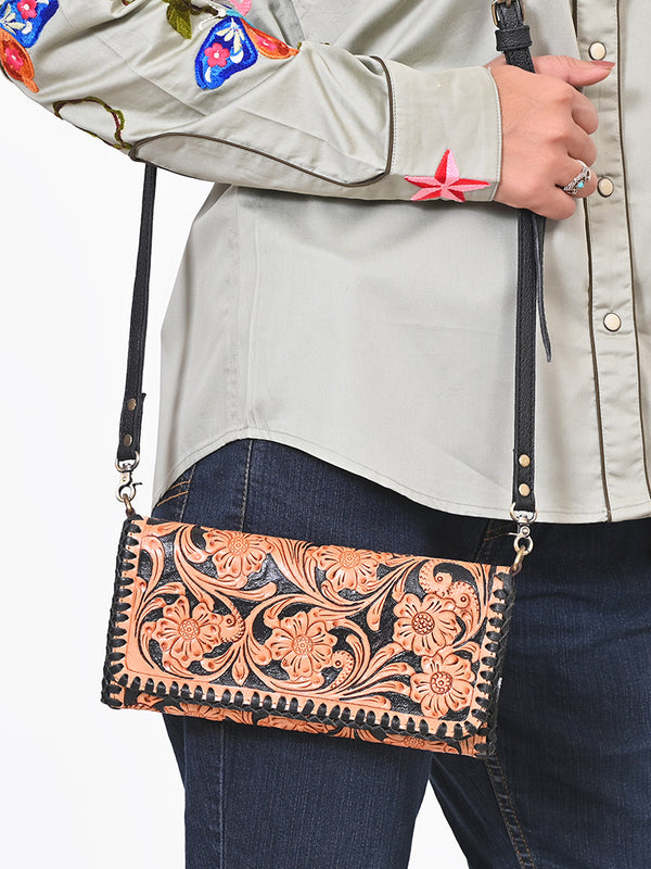 ADBG1280 American Darling Tooled Leather Crossbody Wallet -Braided Western Bag