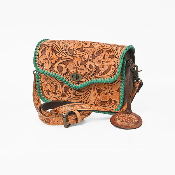 ADBG1475 American Darling Western Genuine Leather Small Cross Body Bag with Hand-Tooled Floral Design