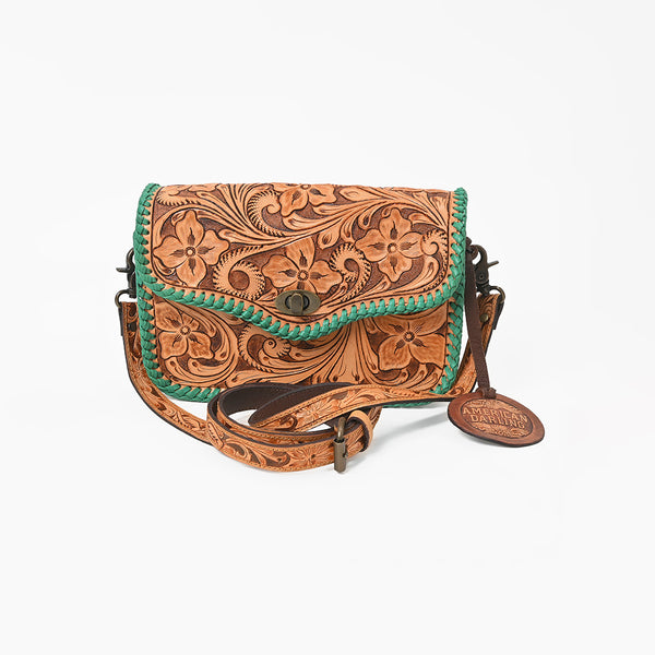 ADBG1475 American Darling Western Genuine Leather Small Cross Body Bag with Hand-Tooled Floral Design