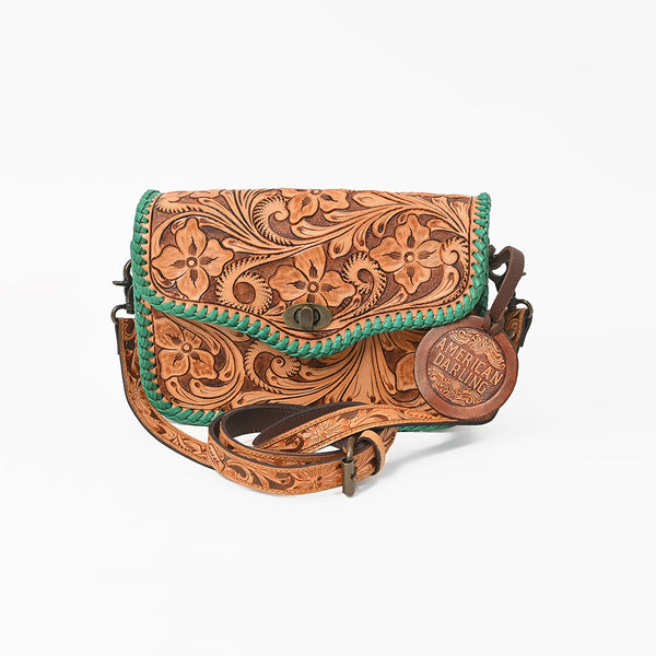 ADBG1475 American Darling Western Genuine Leather Small Cross Body Bag with Hand-Tooled Floral Design
