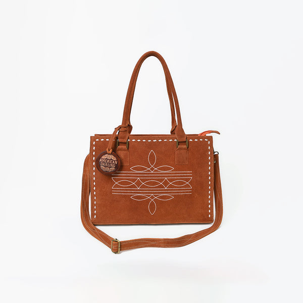 ADBG1553 American Darling Western Genuine Suede Leather Tote Bag with Buck Stitching | Handcrafted Everyday Tote