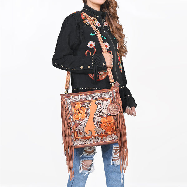 ADBG1632 American Darling Hand-Tooled Leather Cross Body Bag with Floral Carving, Fringes & Western Detailing