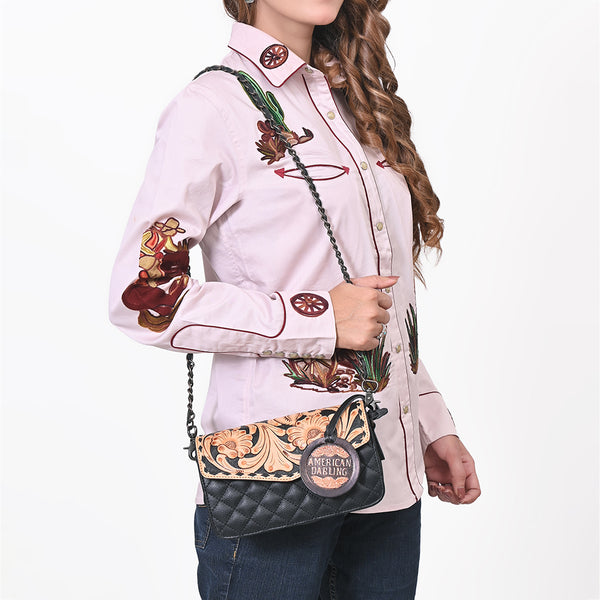 ADBG1782 American Darling Hand-Tooled Floral Small Cross body Bag - Quilted Western Leather Purse