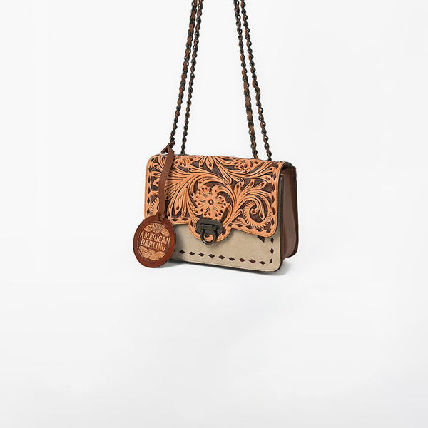 ADBG1808 American Darling Hand Tooled Floral & Genuine Suede Leather Western Cross Body Bag