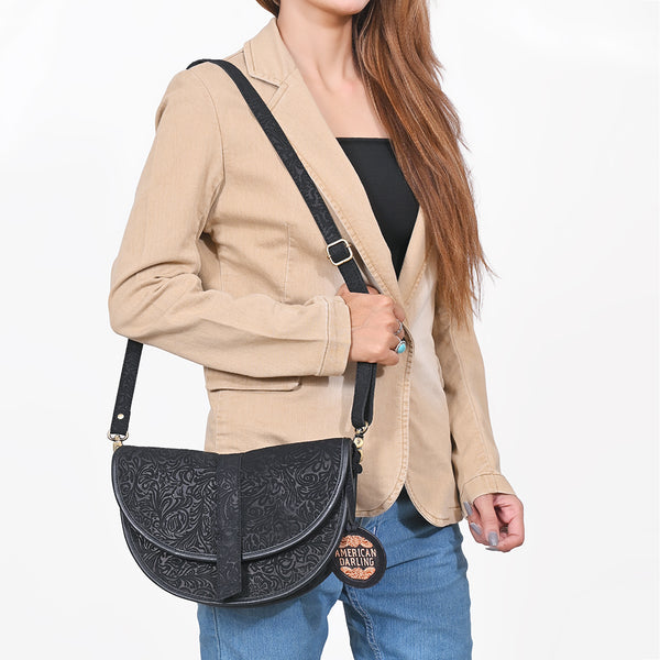 ADBG1859 American Darling Artisan Floral Embossed Leather Small Crossbody Saddle Purse