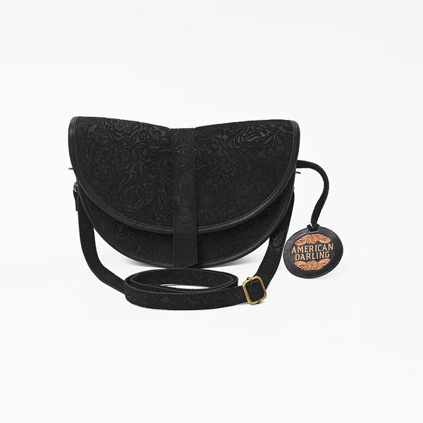 ADBG1859 American Darling Artisan Floral Embossed Leather Small Crossbody Saddle Purse