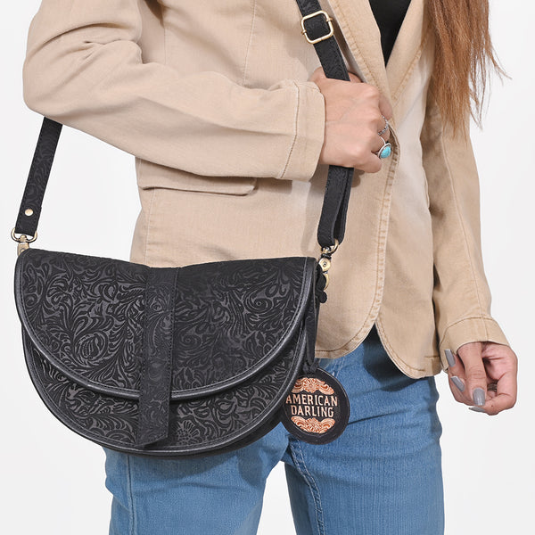 ADBG1859 American Darling Artisan Floral Embossed Leather Small Crossbody Saddle Purse