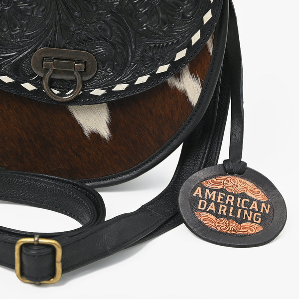 ADBG1861 American Darling Hand Tooled Hair On Genuine Leather Saddle Messenger Bag