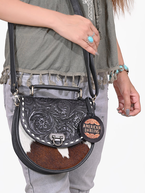 ADBG1861 American Darling Hand Tooled Hair On Genuine Leather Saddle Messenger Bag