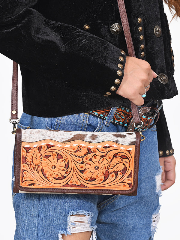 ADBG486 American Darling Hand Tooled Floral Leather Western Crossbody Bag