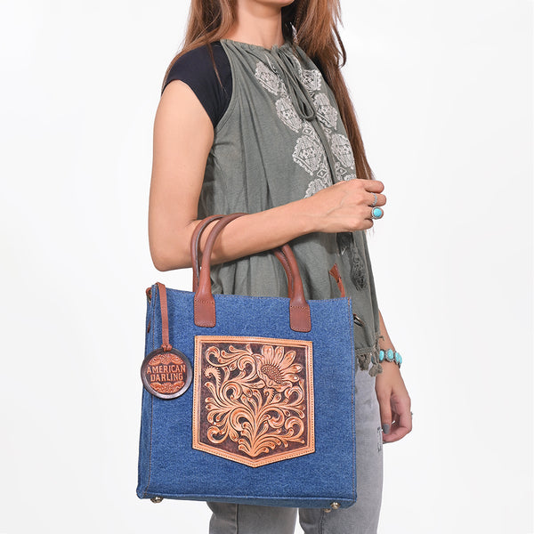 ADBGA1020 Tote Hand Tooled Denim Fabric Genuine Leather Women Bag