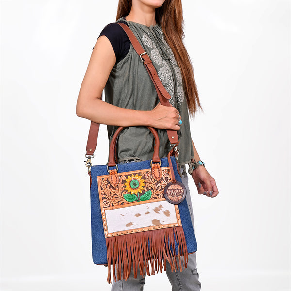 ADBGA1039 Crossbody Hand Tooled Denim Fabric Genuine Leather Women Bag