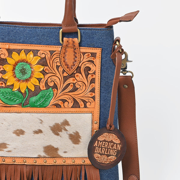 ADBGA1039 Crossbody Hand Tooled Denim Fabric Genuine Leather Women Bag