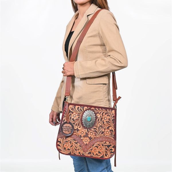ADBGA1160 American Darling Floral Hand Tooled Leather Crossbody Handbag