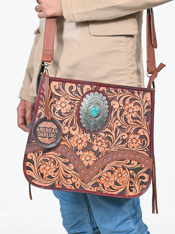 ADBGA1160 American Darling Floral Hand Tooled Leather Crossbody Handbag