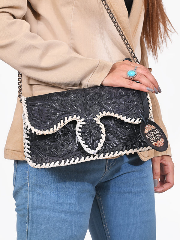 ADBGA1243 American Darling Hand Tooled Genuine Leather Whipstitch Crossbody Purse