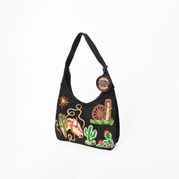 ADBGA1248B American Darling Genuine Suede Embroidered Western Hobo Black Shoulder Bag