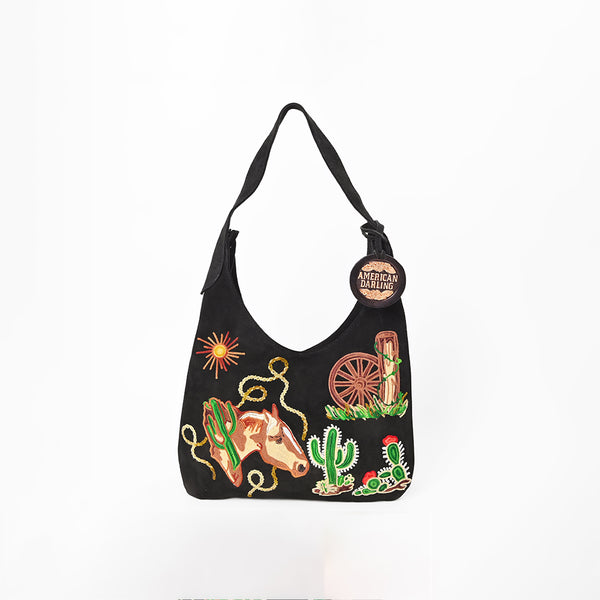 ADBGA1248B American Darling Genuine Suede Embroidered Western Hobo Black Shoulder Bag