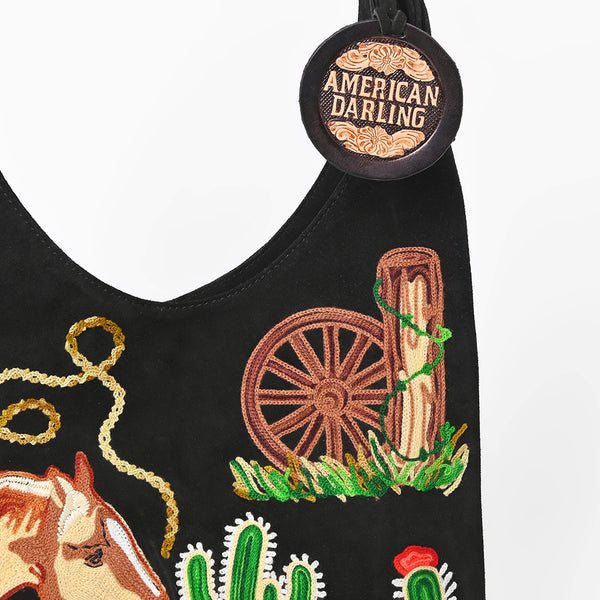 ADBGA1248B American Darling Genuine Suede Embroidered Western Hobo Black Shoulder Bag