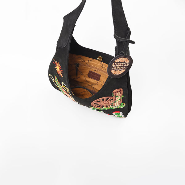 ADBGA1248B American Darling Genuine Suede Embroidered Western Hobo Black Shoulder Bag