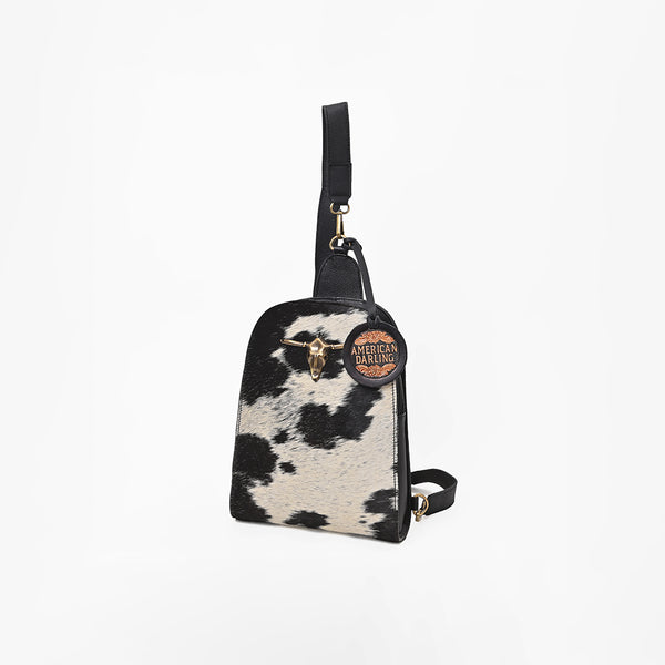 ADBGA1422 Genuine Leather Hair On Hide Longhorn Skull Western Sling Backpack Bag