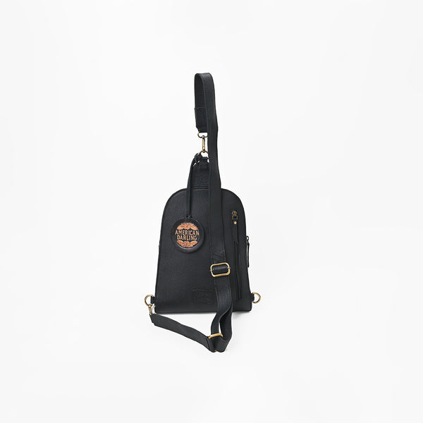 ADBGA1422 Genuine Leather Hair On Hide Longhorn Skull Western Sling Backpack Bag