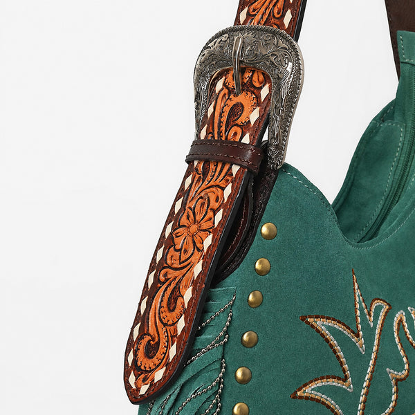 Official PRCA & NFR Licensed Collection® Premium Green Suede Western Fringe Crescent Hobo Shoulder Bag