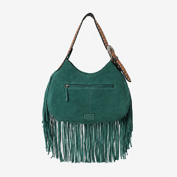 Official PRCA & NFR Licensed Collection® Premium Green Suede Western Fringe Crescent Hobo Shoulder Bag