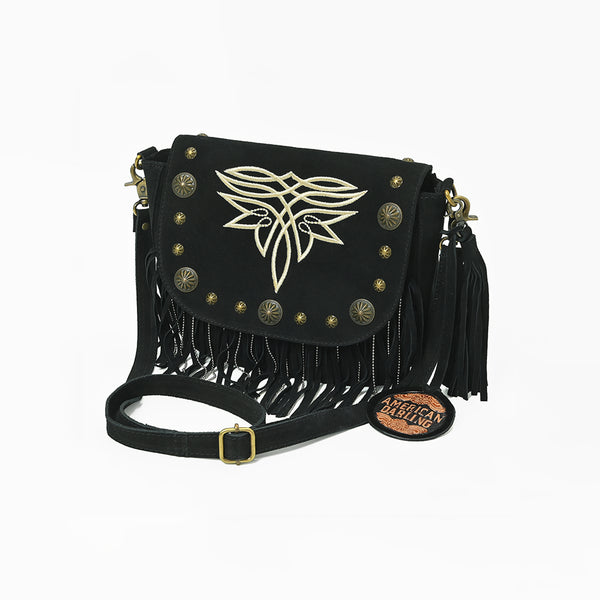 ADBGA836 American Darling Genuine Suede Leather Fringe Cross body Bag with Embroidery