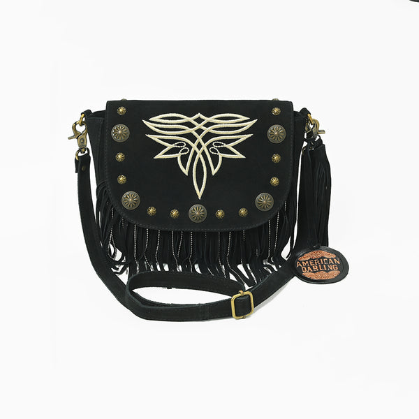 ADBGA836 American Darling Genuine Suede Leather Fringe Cross body Bag with Embroidery