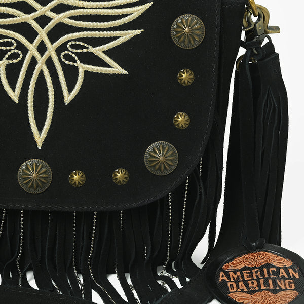 ADBGA836 American Darling Genuine Suede Leather Fringe Cross body Bag with Embroidery